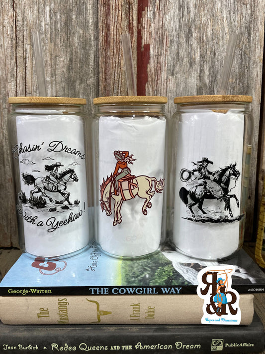 Cowgirl Bucking Bronc Glass Cup 16 oz