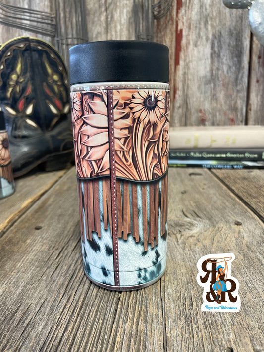 Tooled Leather, Fringe & Cowhide Skinny Can Cooler
