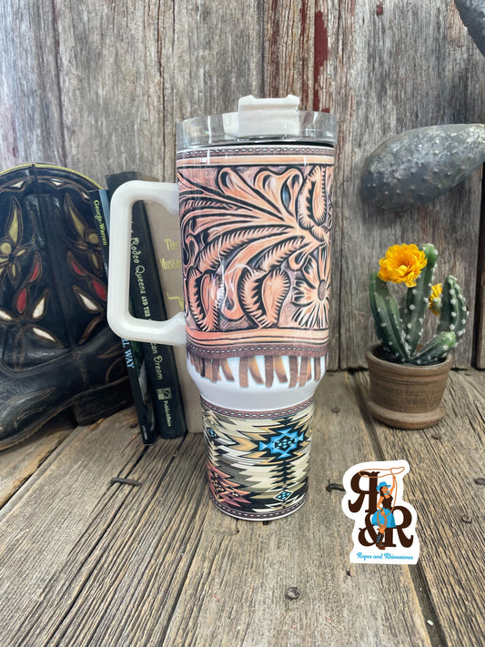 Tooled Leather & Fringe Print 40 oz cup